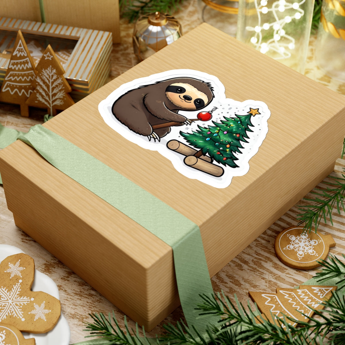 Sloth Decorating Christmas Tree Sticker